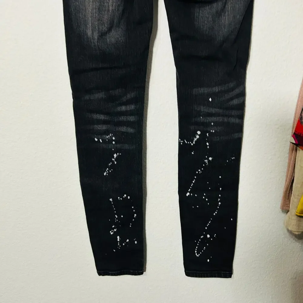 AMIRI Skinny-Fit Appliquéd Paint-Splatter Distressed Stretch-Denim Jean Black 28
